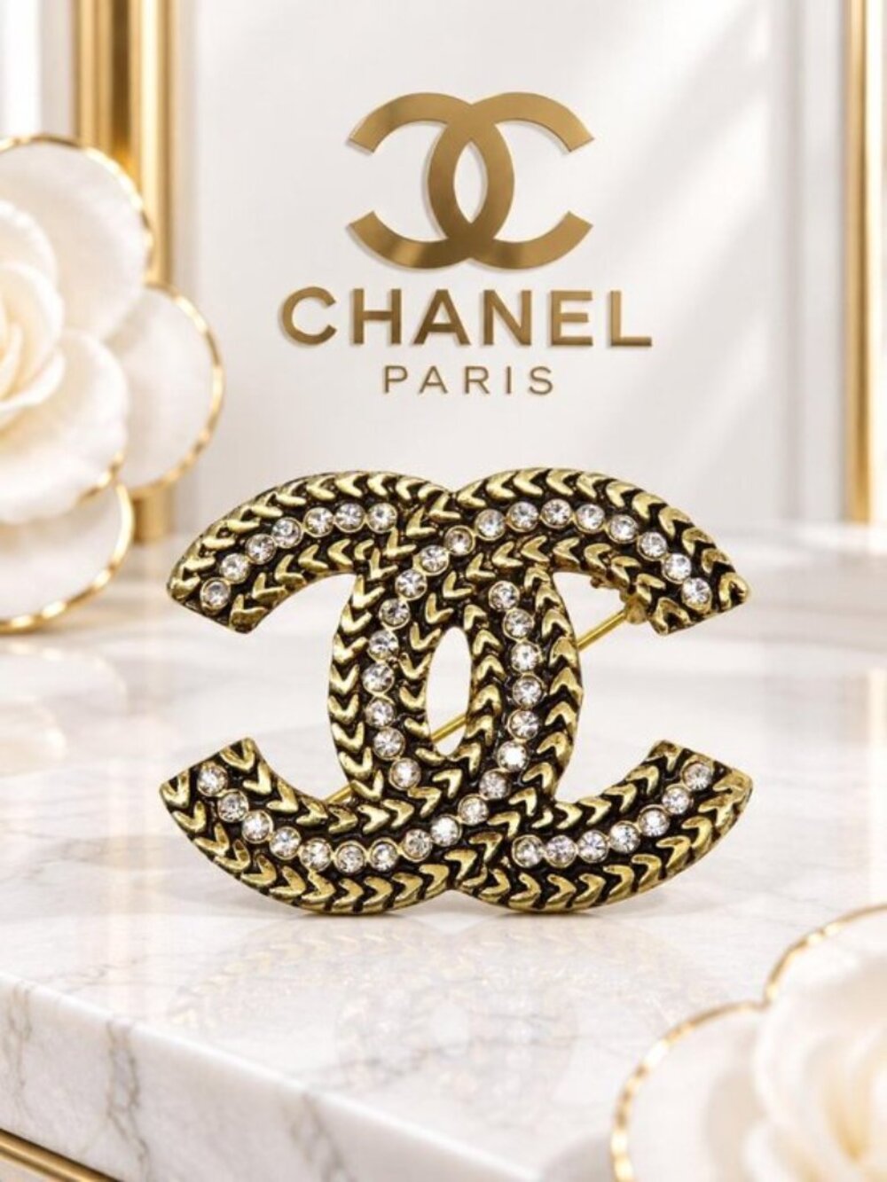 Authentic Chanel Crystal CC Logo Textured Gold Tone Brooch Pin
